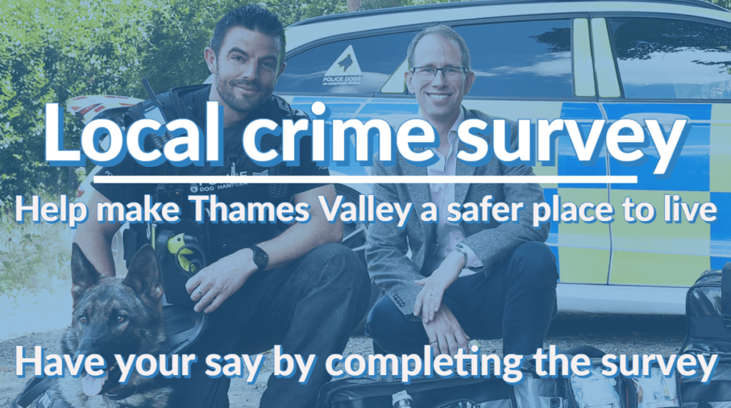 Banner for survey showing Matthew and a policeman, asking people to have their say