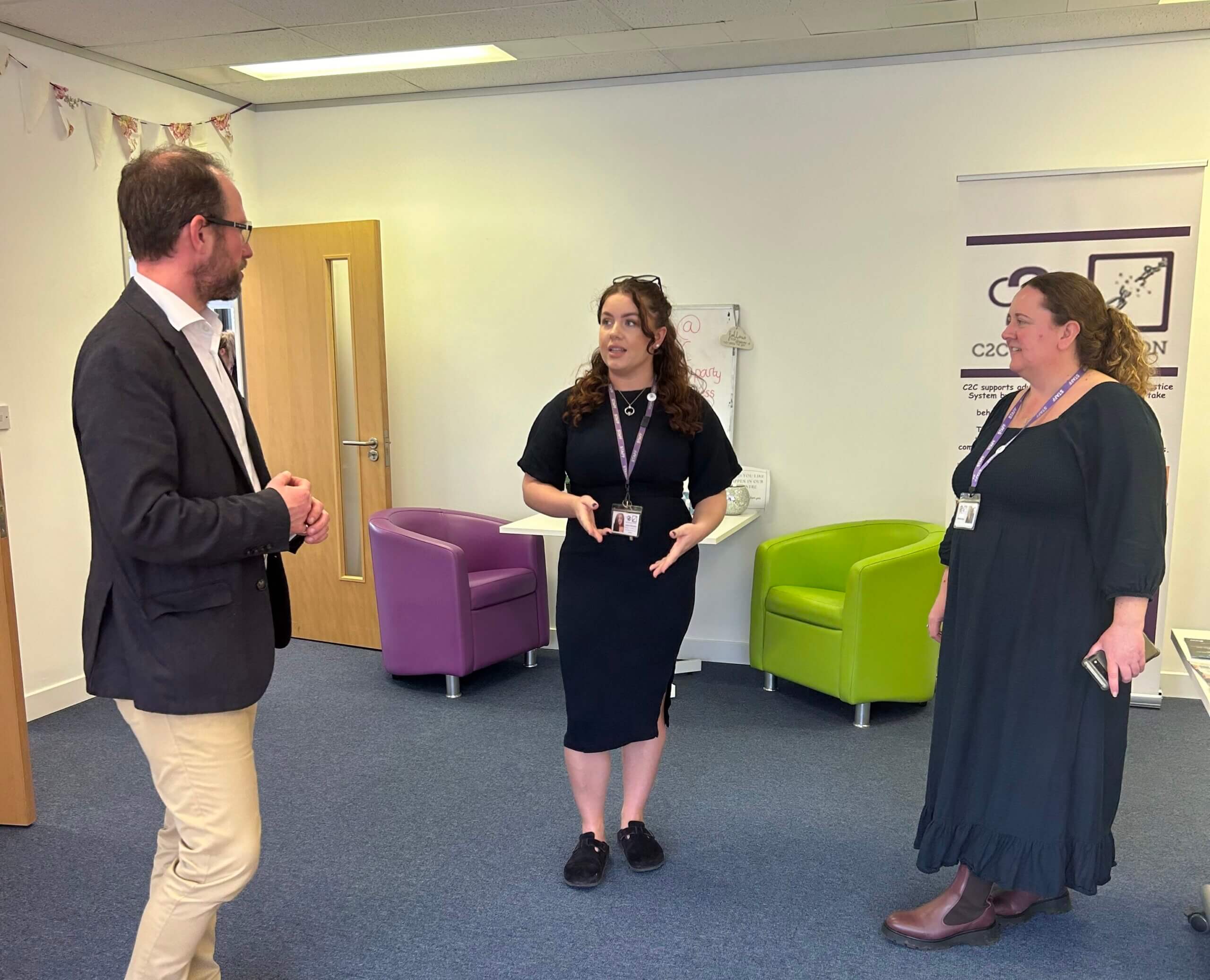 Matthew Barber (left) with Jessica Morrison, Women’s Lead and Engagement Coordinator at C2C Social Action, (centre) and Michelle Shaw, CEO of C2C Social Action, (right)