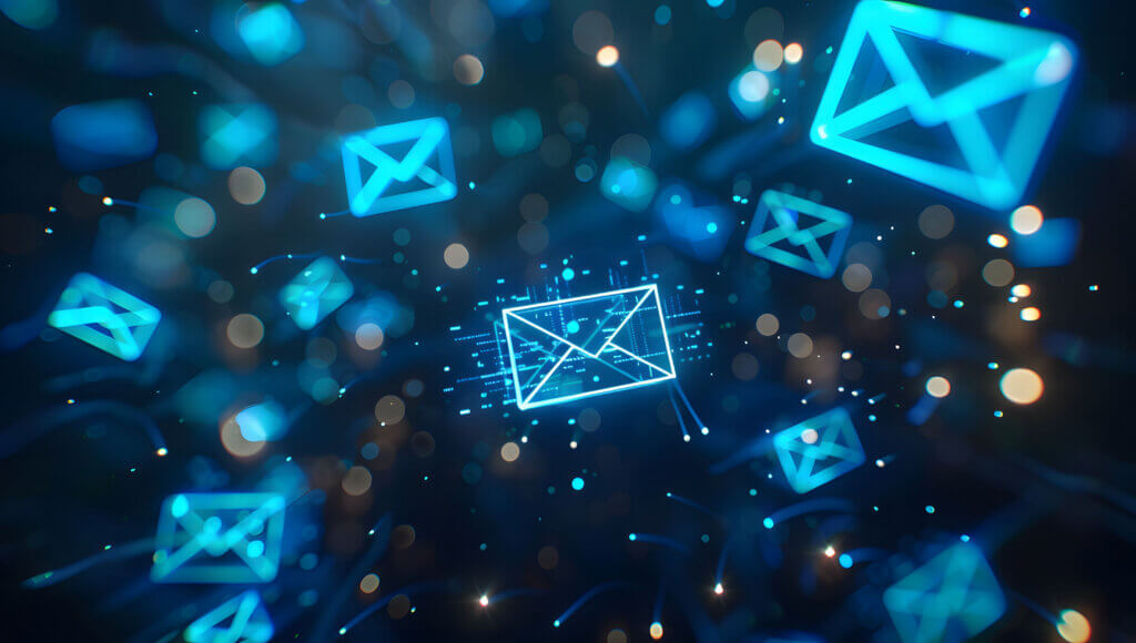 A digital background with glowing blue envelopes on a dark background, representing fast and modern email marketing. A background of a digital email icon floating in the air, newsletter concept.