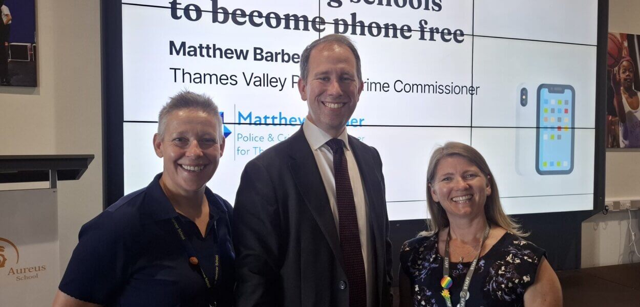 Thames Valley Police and Crime Commissioner, Matthew Barber (middle), with Lotty Keys, Senior Assistant Headteacher at The Warriner School (left) and Kirsty Rogers, Headteacher of Aureus School (right) at the PCC's Phone Free Schools event held on 26 June 2026