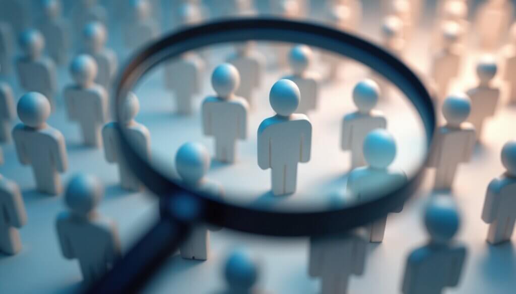 Illustration highlights unique individual selected from group of people under magnifying glass.