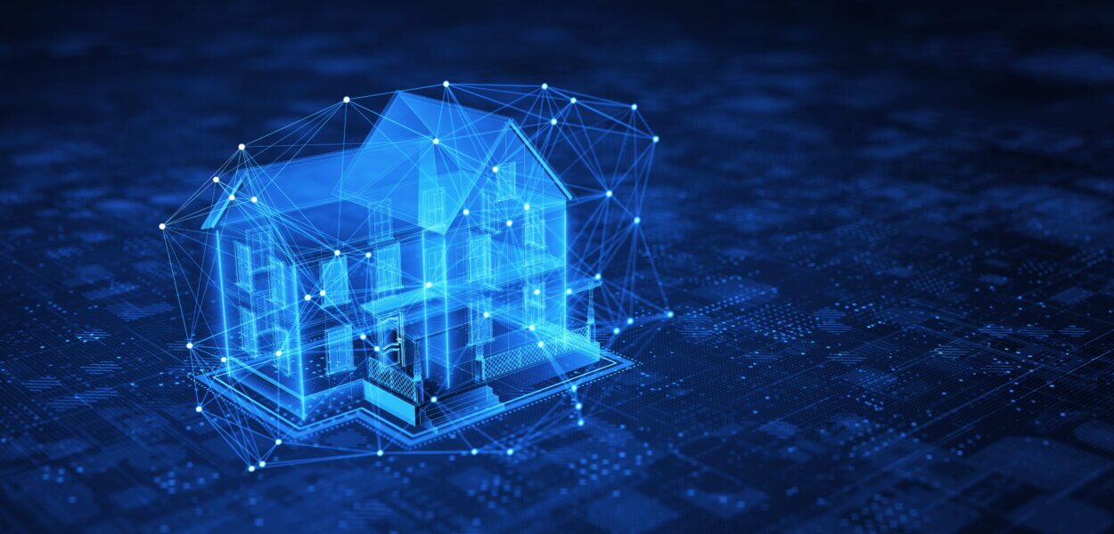 Concept of Smart home, private house , cyber safety, digital protection of smart home system. 3d rendering