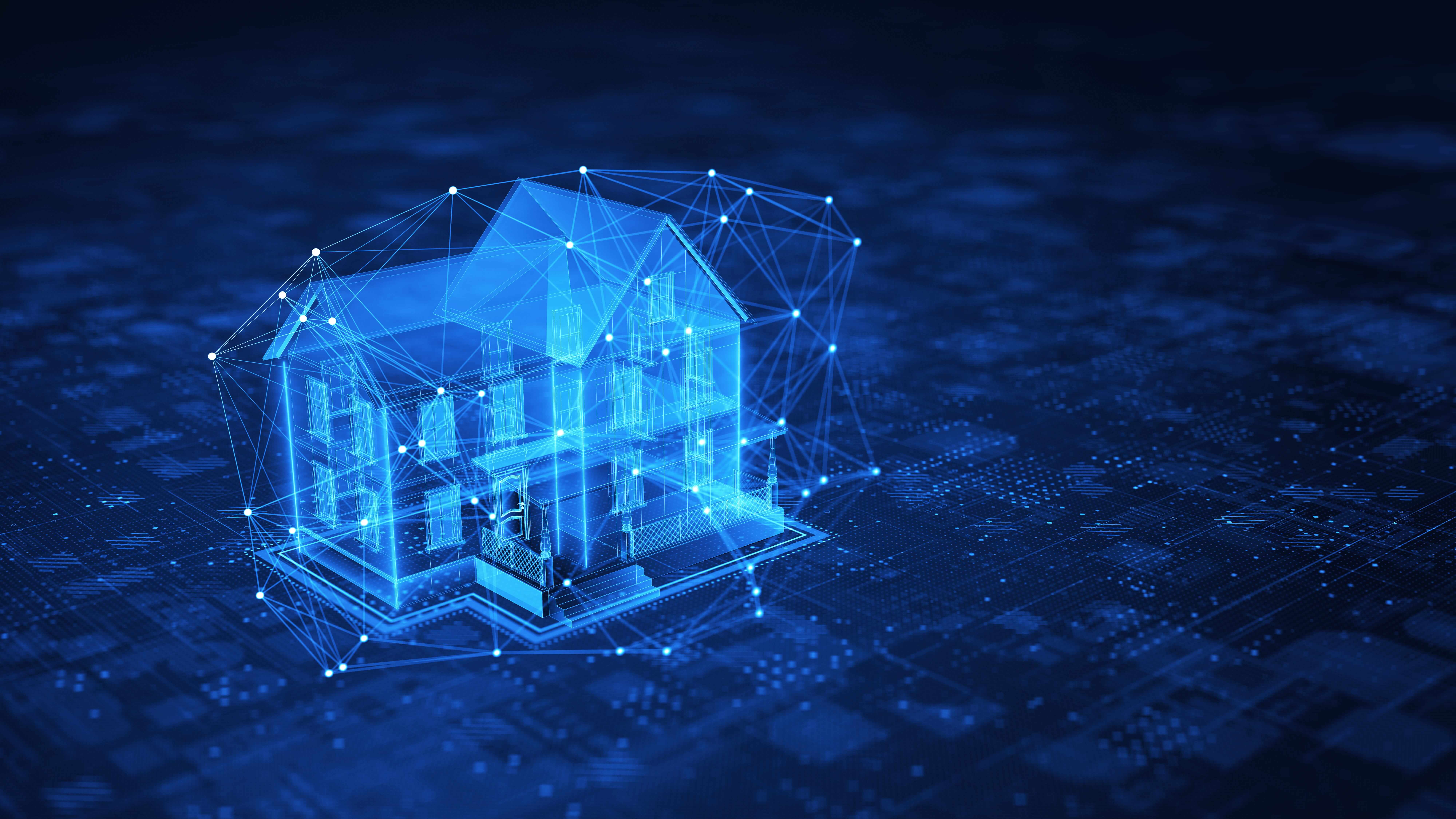 Concept of Smart home, private house , cyber safety, digital protection of smart home system. 3d rendering